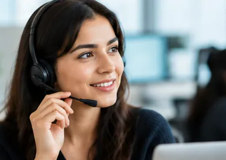 A support team member on a headset, smiling as she talks a customer through a question